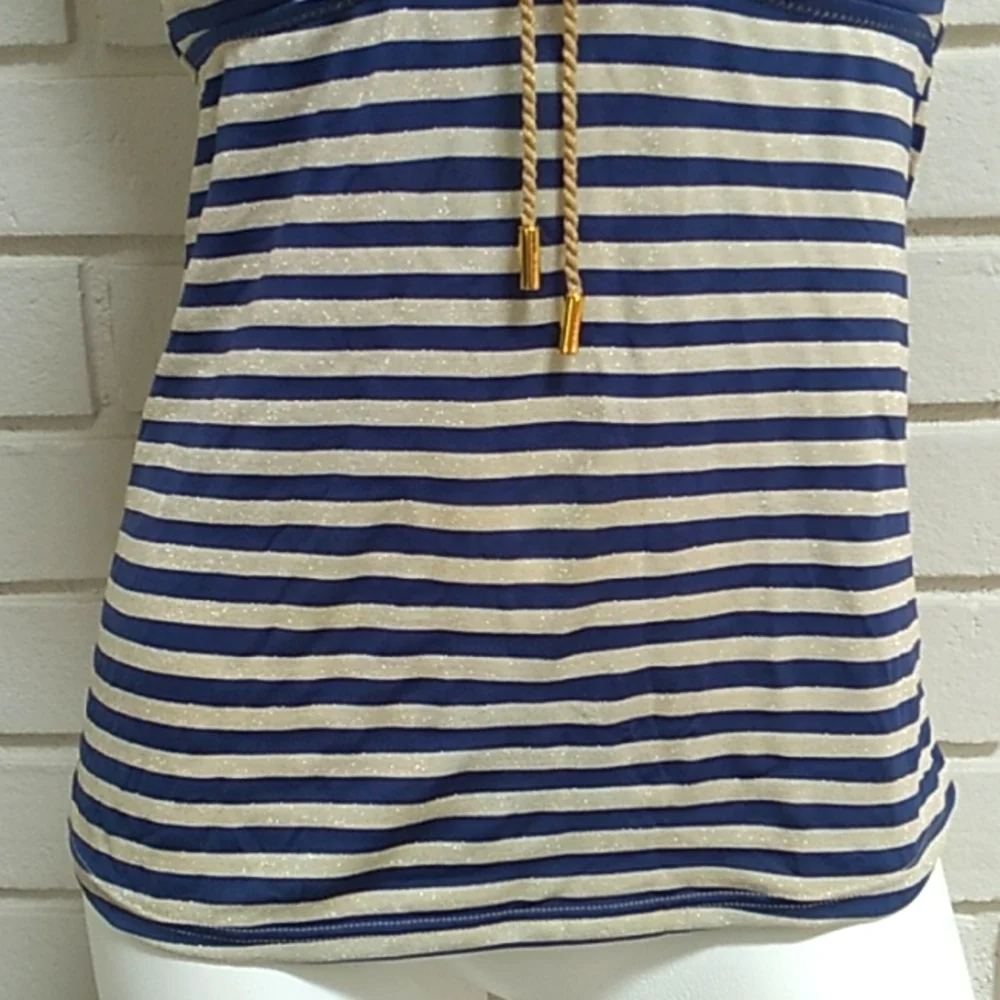Jessica Simpson Blue/Gold Striped Tie Tankini Swim Top. Size Medium - Picture 3 of 12